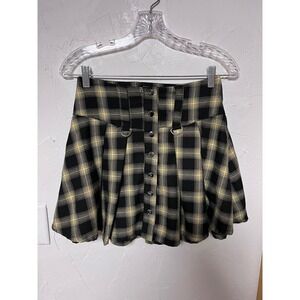 Vintage Hot Topic Yellow Black Plaid Pleated Mini Skirt D-Ring Size SM